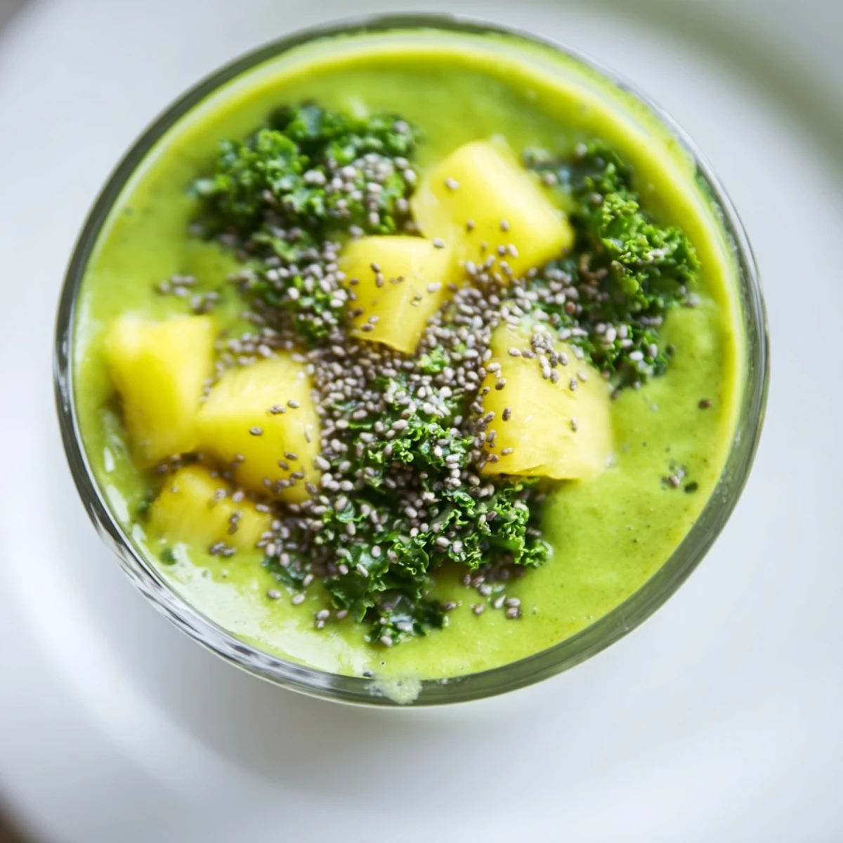 Vibrant green smoothie with kale and pineapple in a chilled glass, garnished with a pineapple wedge and mint.