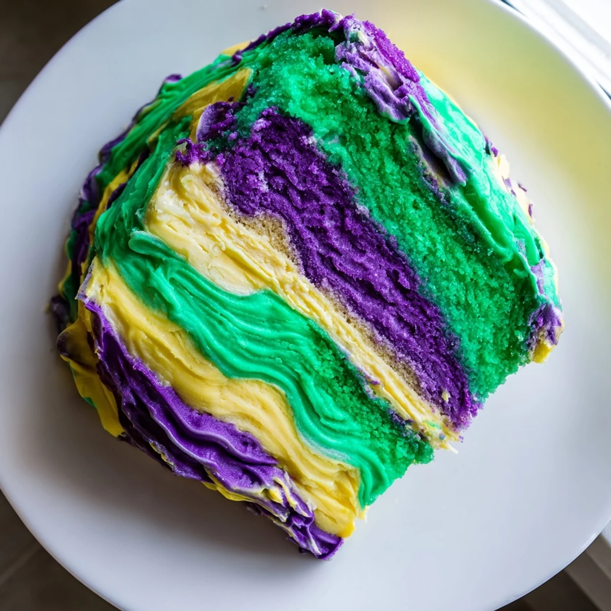 Slice of homemade Mardi Gras Cake showcasing vivid purple, green, and gold buttercream frosting, plated for a New Orleans-themed dessert spread.