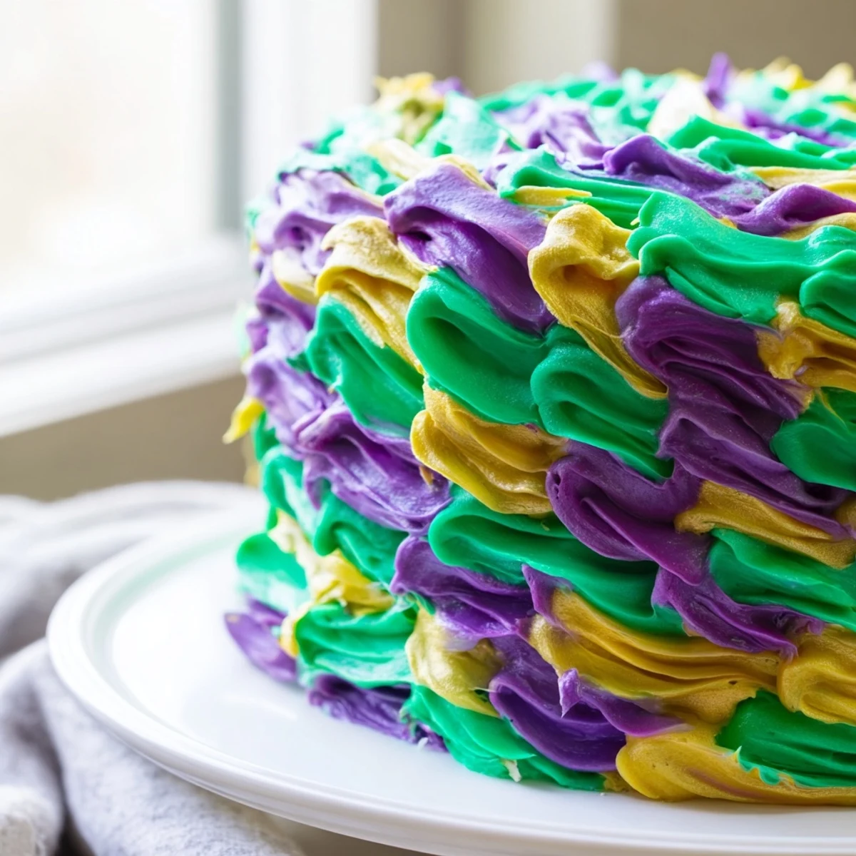 A moist, fluffy Mardi Gras Cake with tricolor icing in purple, green, and gold swirls, ready to serve at a festive gathering.