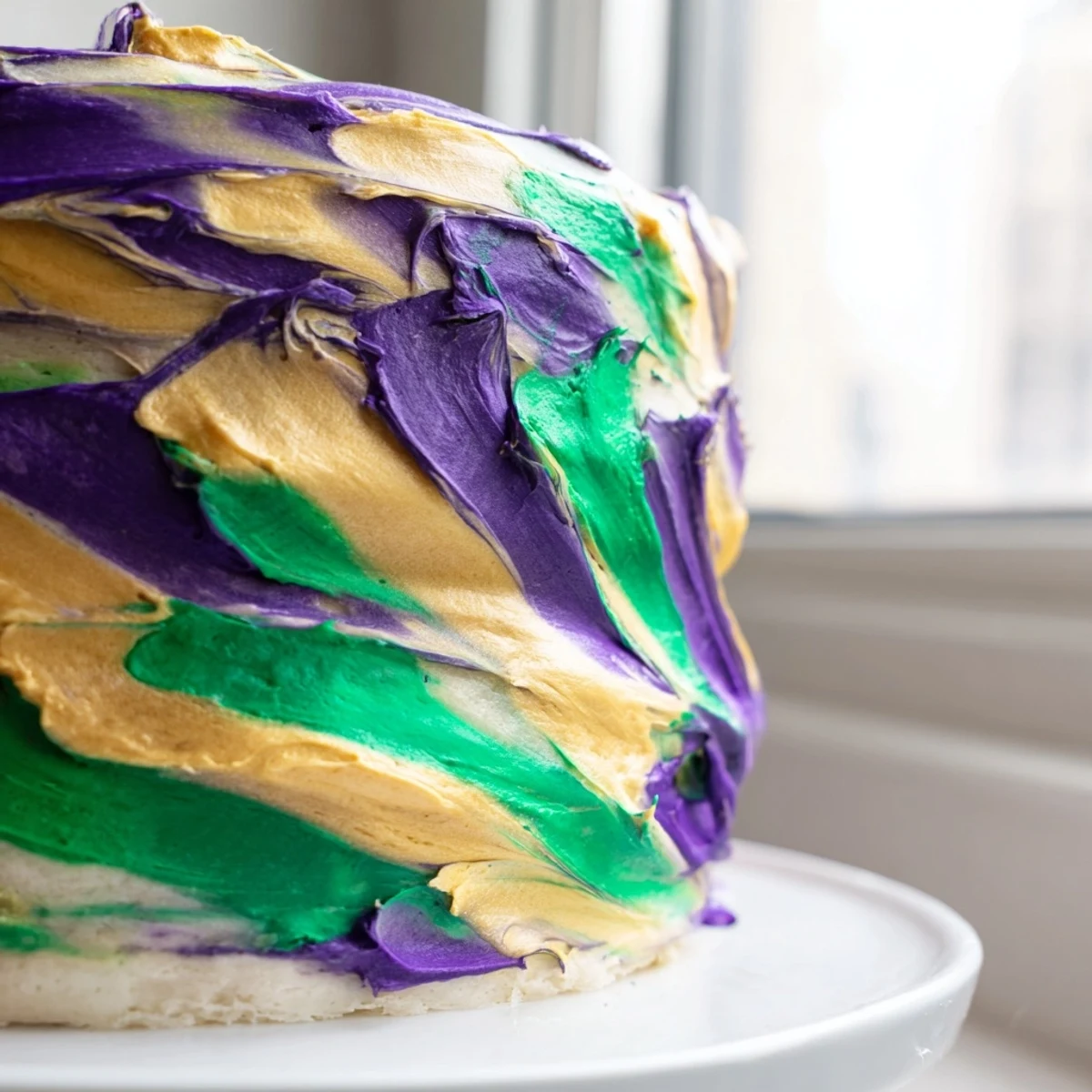 Close-up of Mardi Gras Cake with tricolor icing, its swirls and sprinkles suggesting the rich texture and sweet vanilla flavor inside.