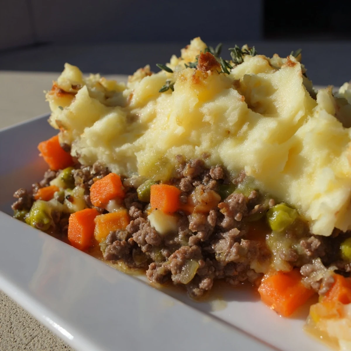 Golden-brown Shepherd's Pie with ground beef filling and creamy mashed potato topping, served in a rustic baking dish.