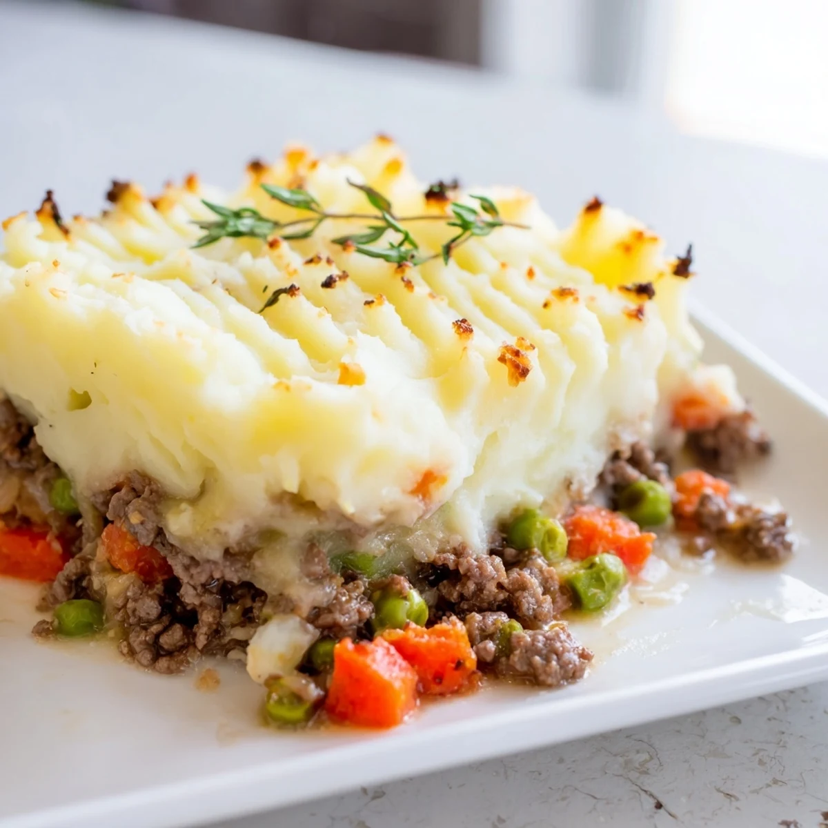 Hearty Shepherd's Pie with ground beef and vegetables, topped with fluffy mashed potatoes baked until bubbly and golden.