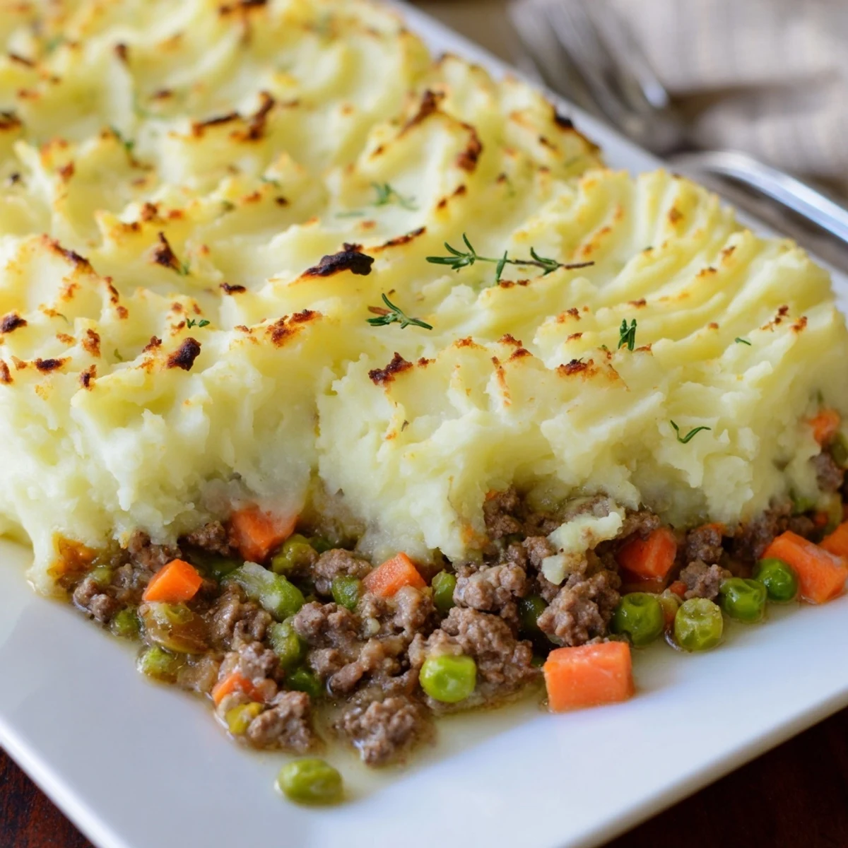 A close-up of Shepherd's Pie featuring seasoned ground beef and peas, crowned with ridged, buttery mashed potatoes.
