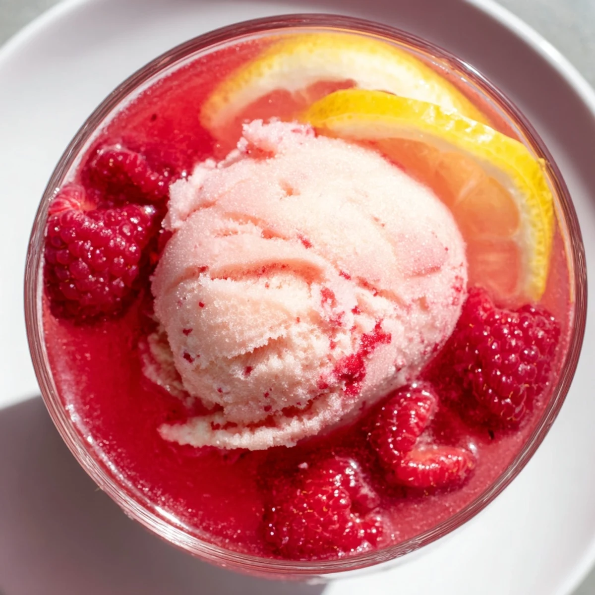 A large glass punch bowl filled with bright pink Pink Punch with Raspberry Sherbet, garnished with fresh raspberries and lemon slices.