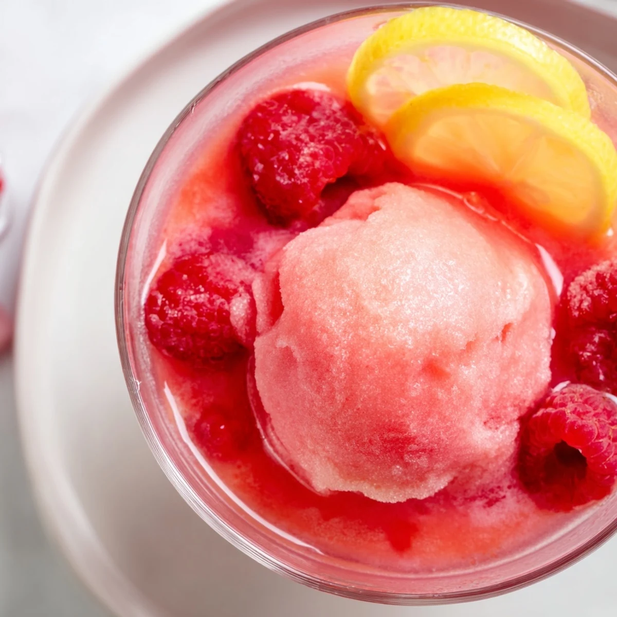 Close-up view of Pink Punch with Raspberry Sherbet, showing scoops of pink sherbet floating in sparkling citrus and vibrant fruit garnish.