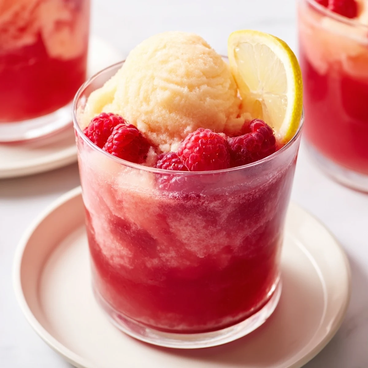 Party-ready glasses of Pink Punch with Raspberry Sherbet, topped with lemon slices and fresh raspberries for a festive celebration.