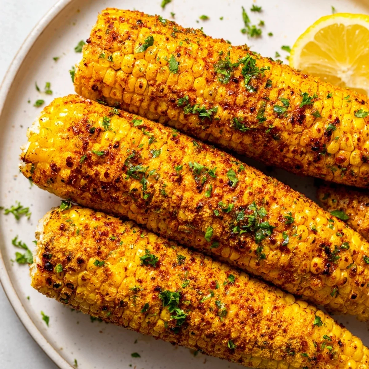 Golden ears of Corn on the Cob with Cajun Spices, perfectly grilled with charred kernels and a fresh parsley garnish.