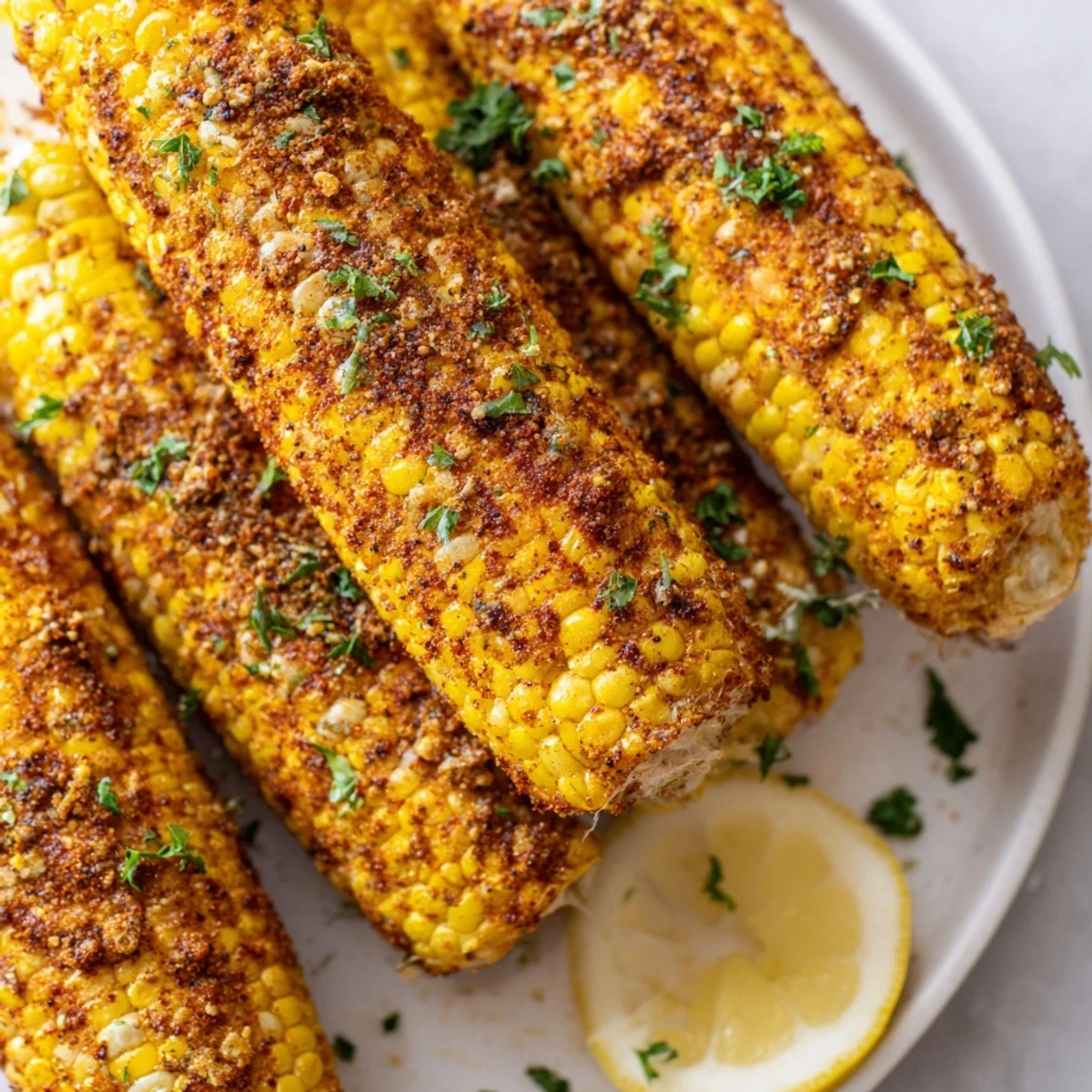 Buttery Corn on the Cob with Cajun Spices, roasted and served with lemon wedges for a bright, smoky kick.