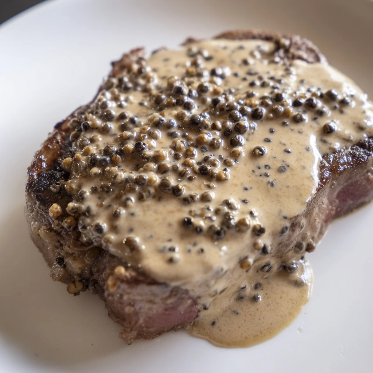 Creamy peppercorn sauce being poured over a juicy steak, creating a rich, glossy finish perfect for a special dinner.