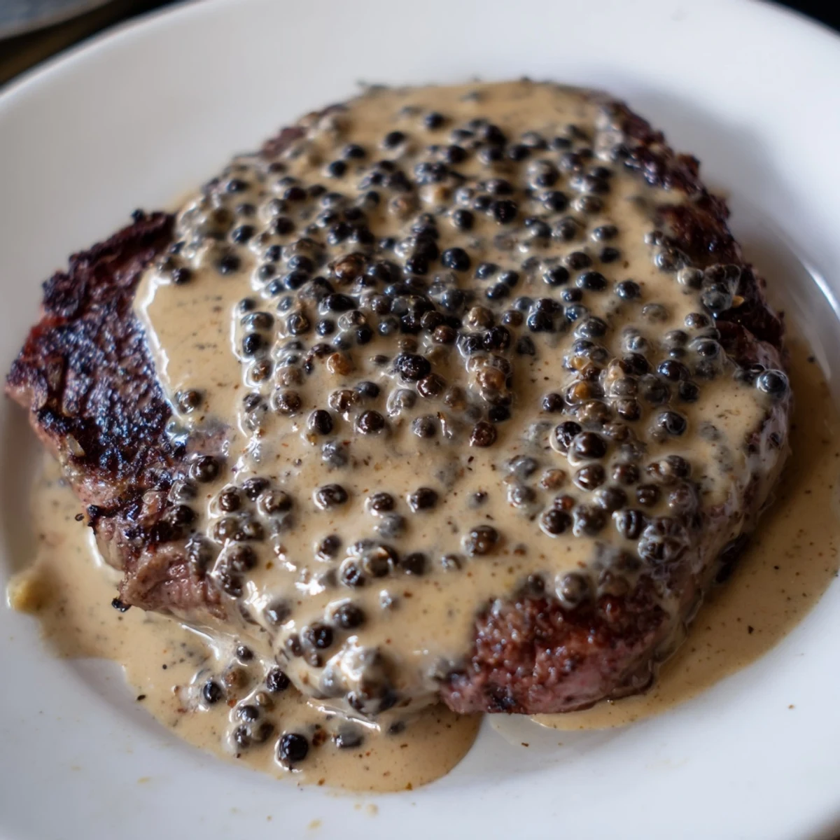 Perfectly seared steak with peppercorn sauce resting on a white plate, garnished with fresh herbs and black peppercorns.
