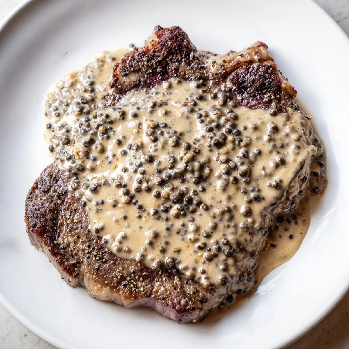 Sliced steak with peppercorn sauce served alongside mashed potatoes, showcasing a restaurant-quality, gluten-free main dish.