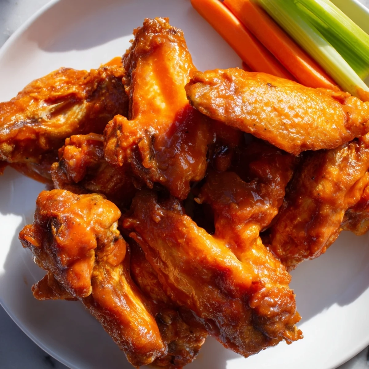 Crispy baked chicken wings tossed in tangy, spicy Buffalo sauce, served with celery and blue cheese dip.  