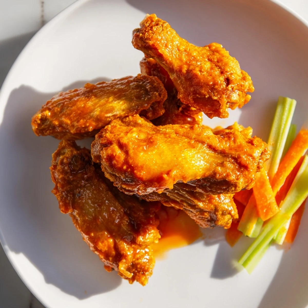 Golden Buffalo chicken wings glistening with sauce, arranged on a platter with carrot sticks for dipping.  