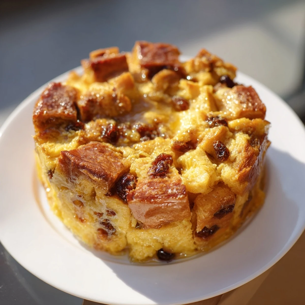 A slice of homemade Bread Pudding with Raisins reveals a moist, custard-soaked interior, topped with a drizzle of creamy vanilla sauce.