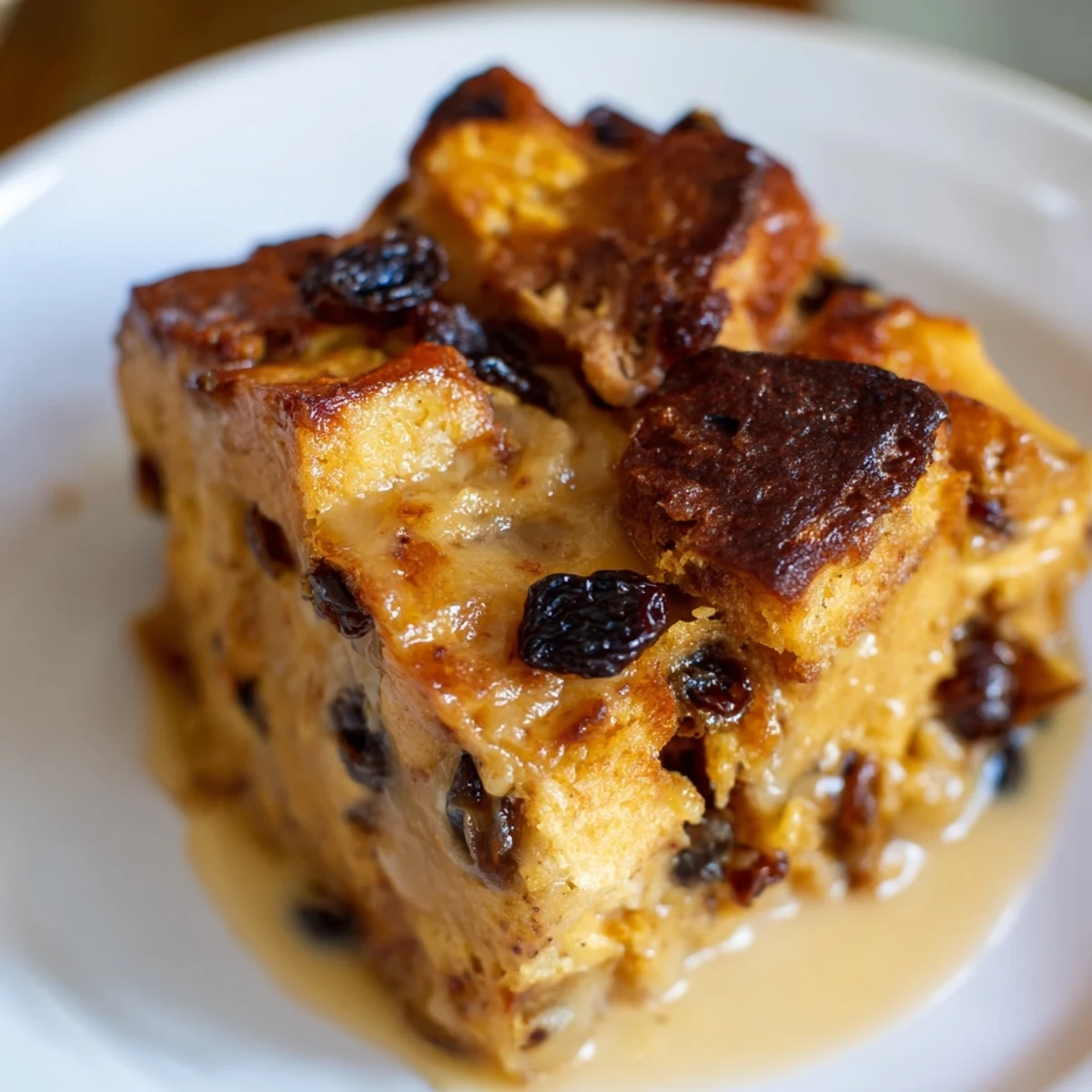 A close-up of warm Bread Pudding with Raisins, its golden-brown top glistening under a light dusting of powdered sugar, served in a rustic dish.