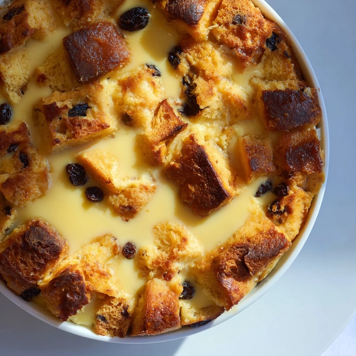 A freshly baked Bread Pudding with Raisins cooling on a kitchen counter, with a bowl of raisins and a sprinkle of cinnamon nearby.