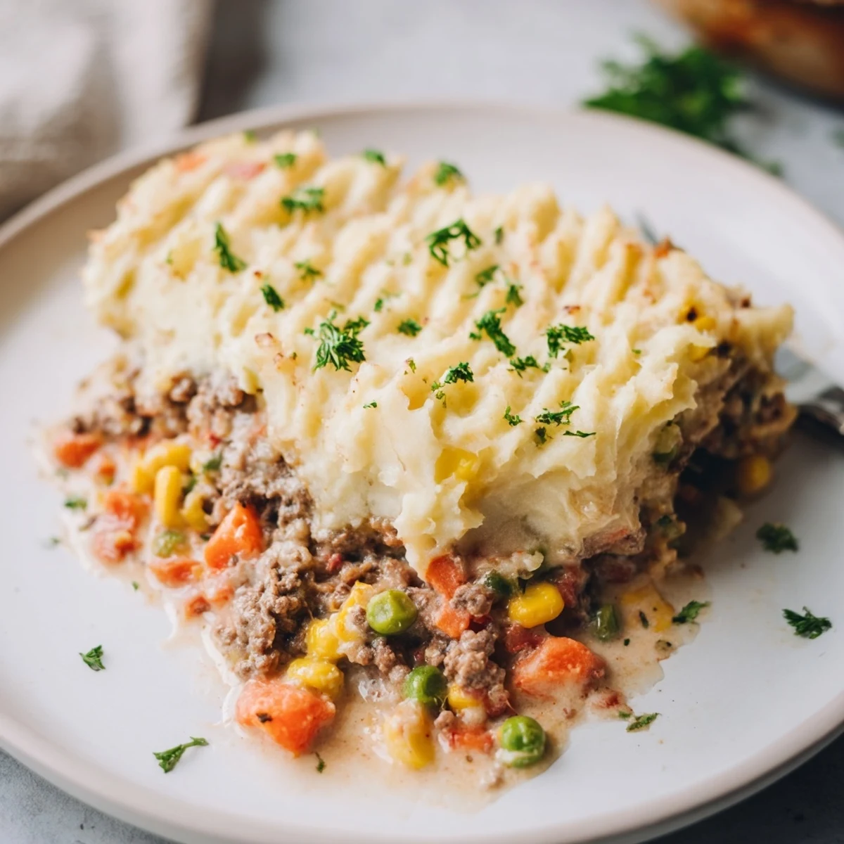 Golden-brown Shepherds Pie with Ground Beef features seasoned ground beef, peas, and corn beneath a creamy, fork-marked mashed potato topping.
