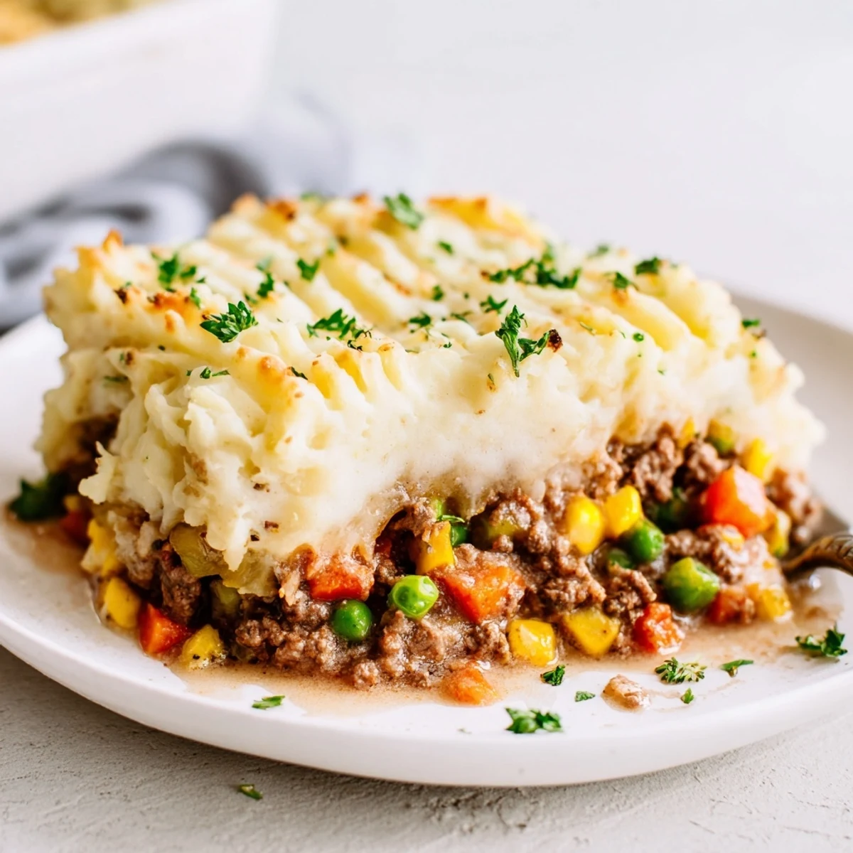Serve Shepherds Pie with Ground Beef in a rustic baking dish, garnished with fresh parsley for a vibrant, classic family meal.