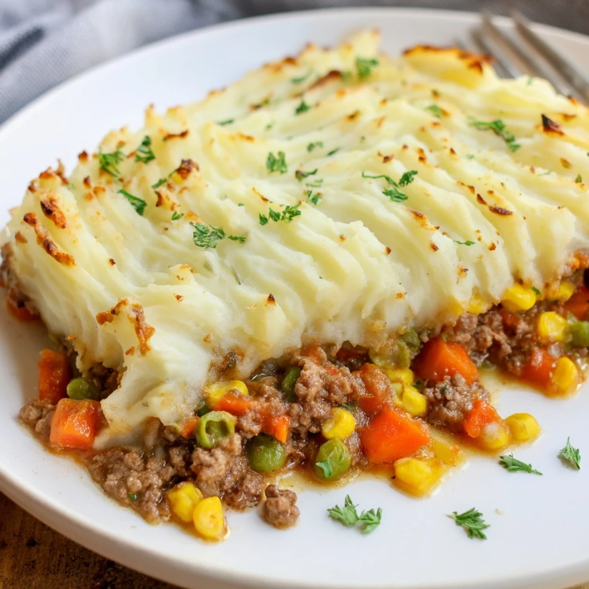 A close-up of Shepherds Pie with Ground Beef reveals bubbling filling and a crispy, golden potato crust, perfect for a comforting dinner.