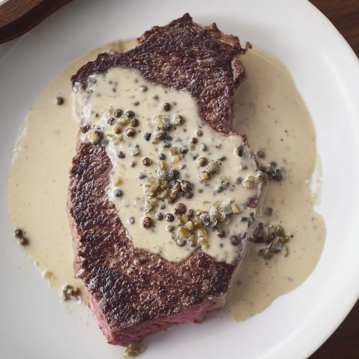 Sizzling ribeye steak topped with creamy peppercorn sauce, served over mashed potatoes.
