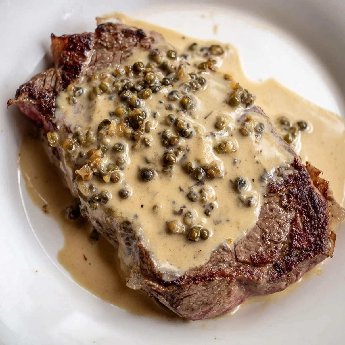 A tender, pan-seared steak with a rich green peppercorn sauce garnished with fresh thyme.