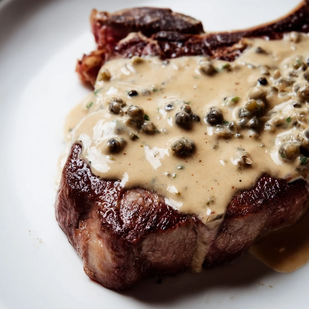 Steak with Peppercorn Sauce plated with sautéed green beans, ready for a special dinner.