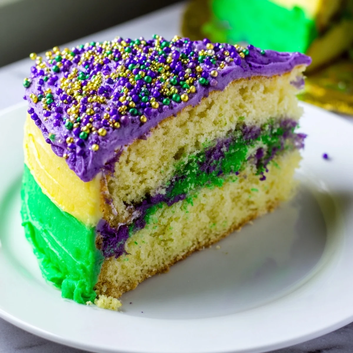 A slice of moist Mardi Gras cake with vibrant purple, green, and gold icing, showcasing its tender crumb and festive layers on a plate.  