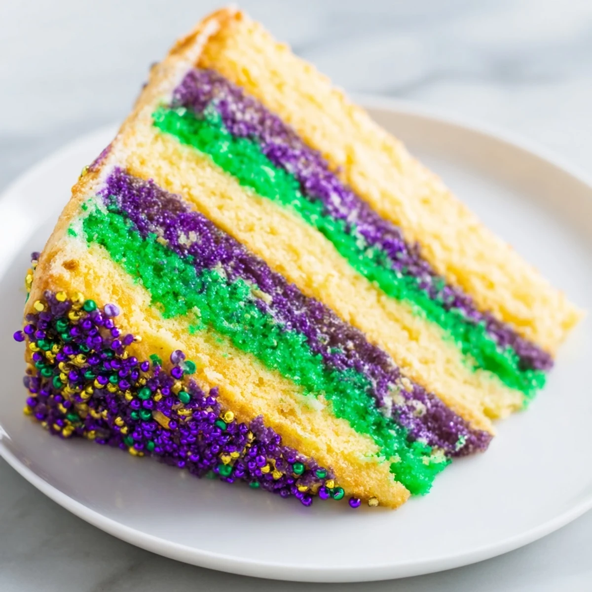 Homemade Mardi Gras cake with three striped layers of purple, green, and gold icing, displayed on a rustic cake stand for a party.