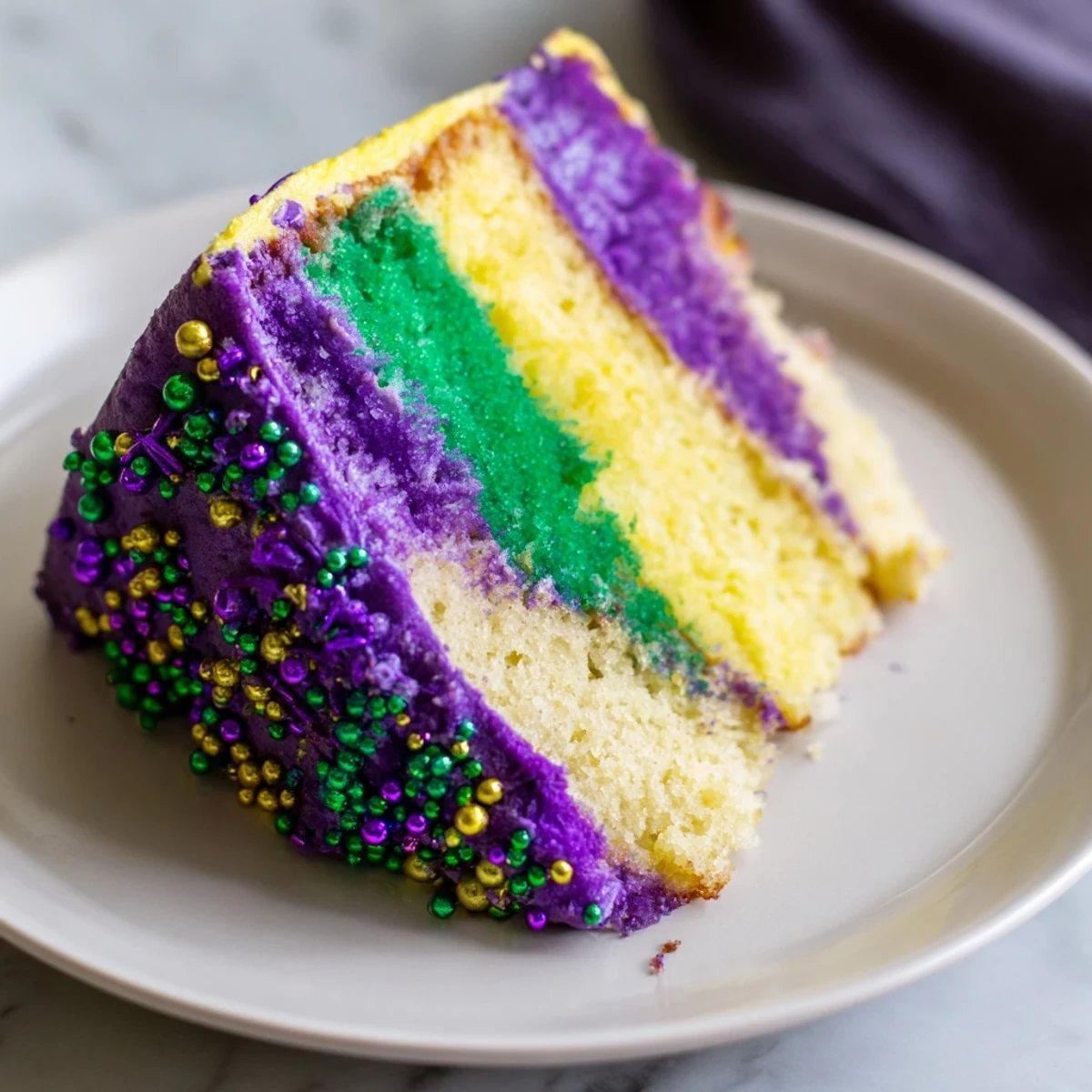 Festive Mardi Gras cake topped with colorful tricolor icing and sugary sprinkles, ready to serve at a lively New Orleans-themed celebration.  