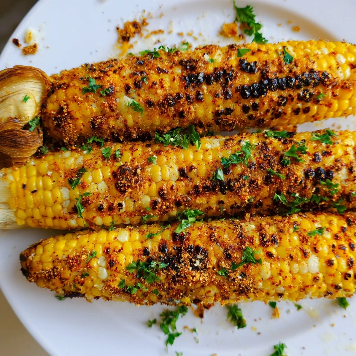 Two ears of Corn on the Cob with Cajun Spices rest beside a bowl of spice blend, ready for a summer barbecue side dish.