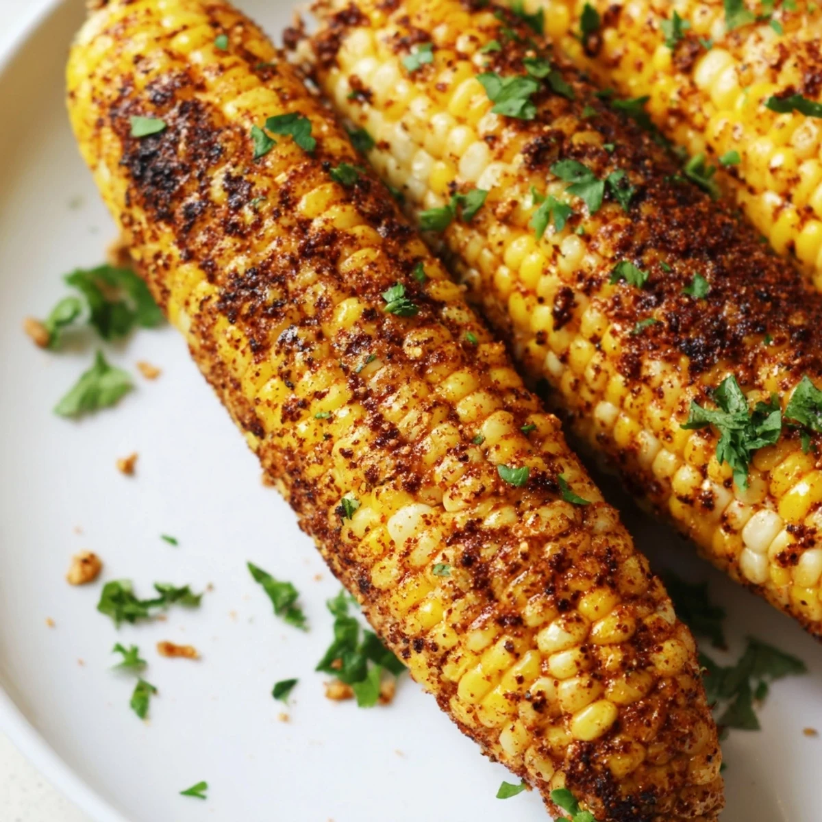 Grilled Corn on the Cob with Cajun Spices sits charred and glistening on a platter, garnished with fresh parsley and lemon wedges for a bright finish.