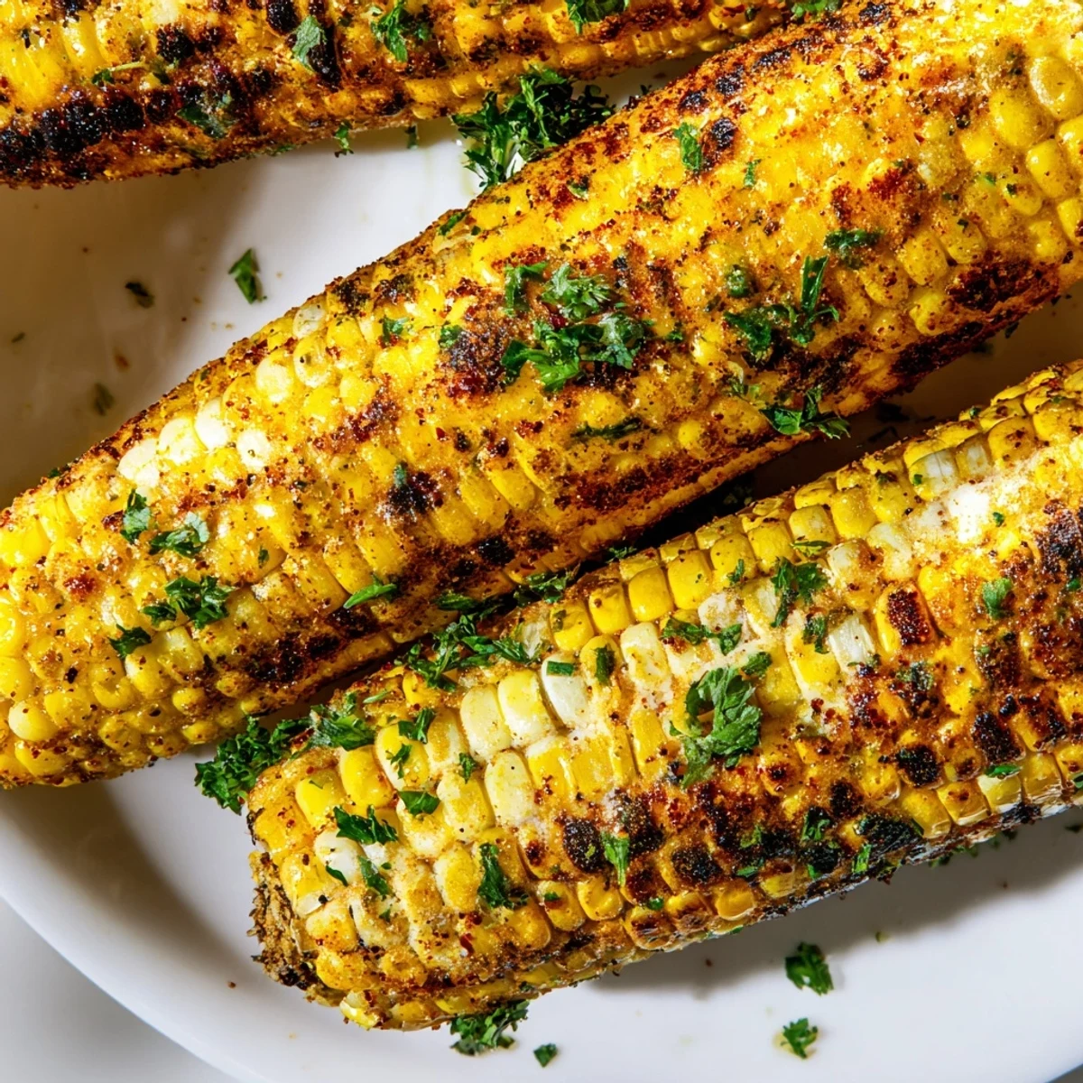 Close-up of Corn on the Cob with Cajun Spices, buttery and speckled with seasoning, highlighting smoky grill marks and juicy kernels.
