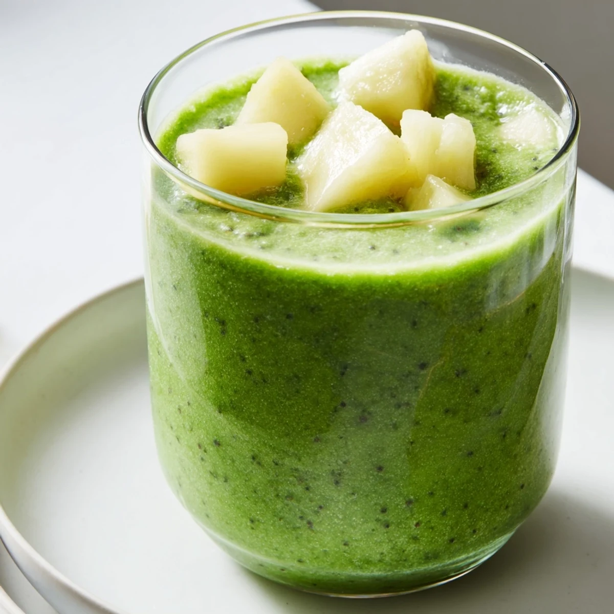 Bright green smoothie with kale and pineapple, creamy and chunky with banana, in a mason jar.