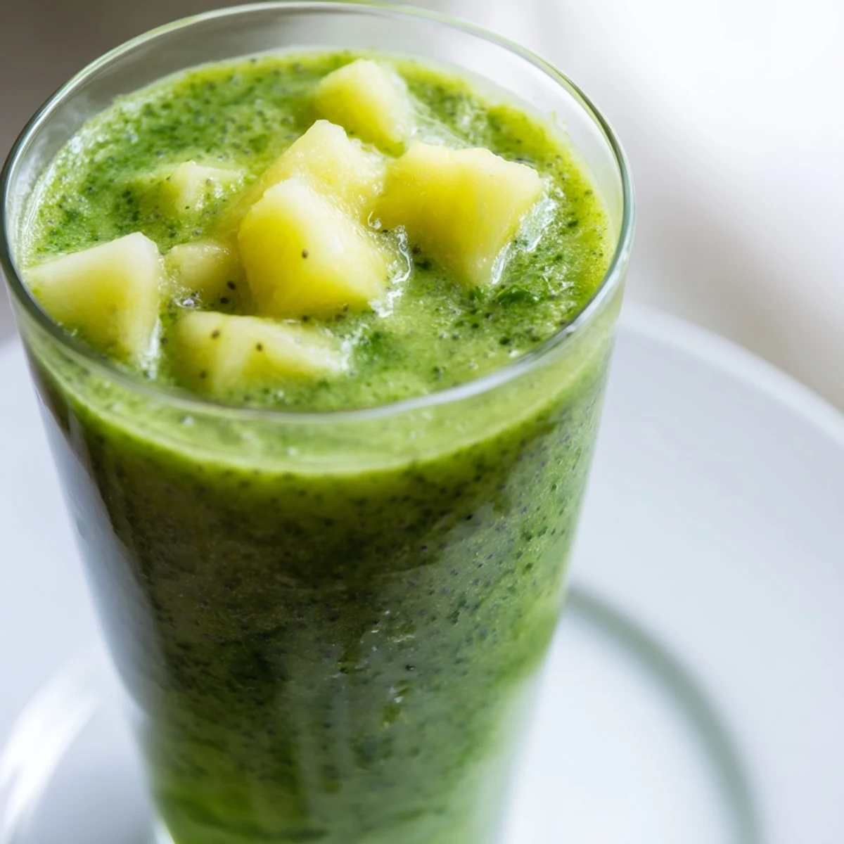 A vibrant glass of green smoothie with kale and pineapple, garnished with fresh fruit slices.  