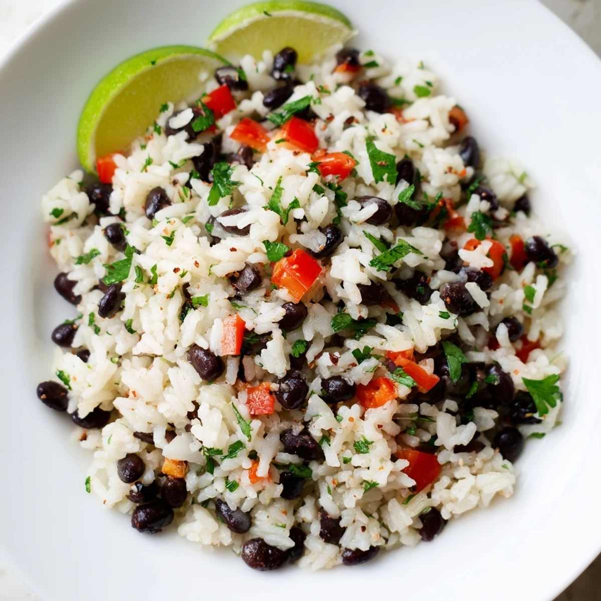 Steaming bowl of homemade rice and beans with sautéed onions, red bell pepper, and aromatic spices, ready to serve as a hearty vegan main dish.