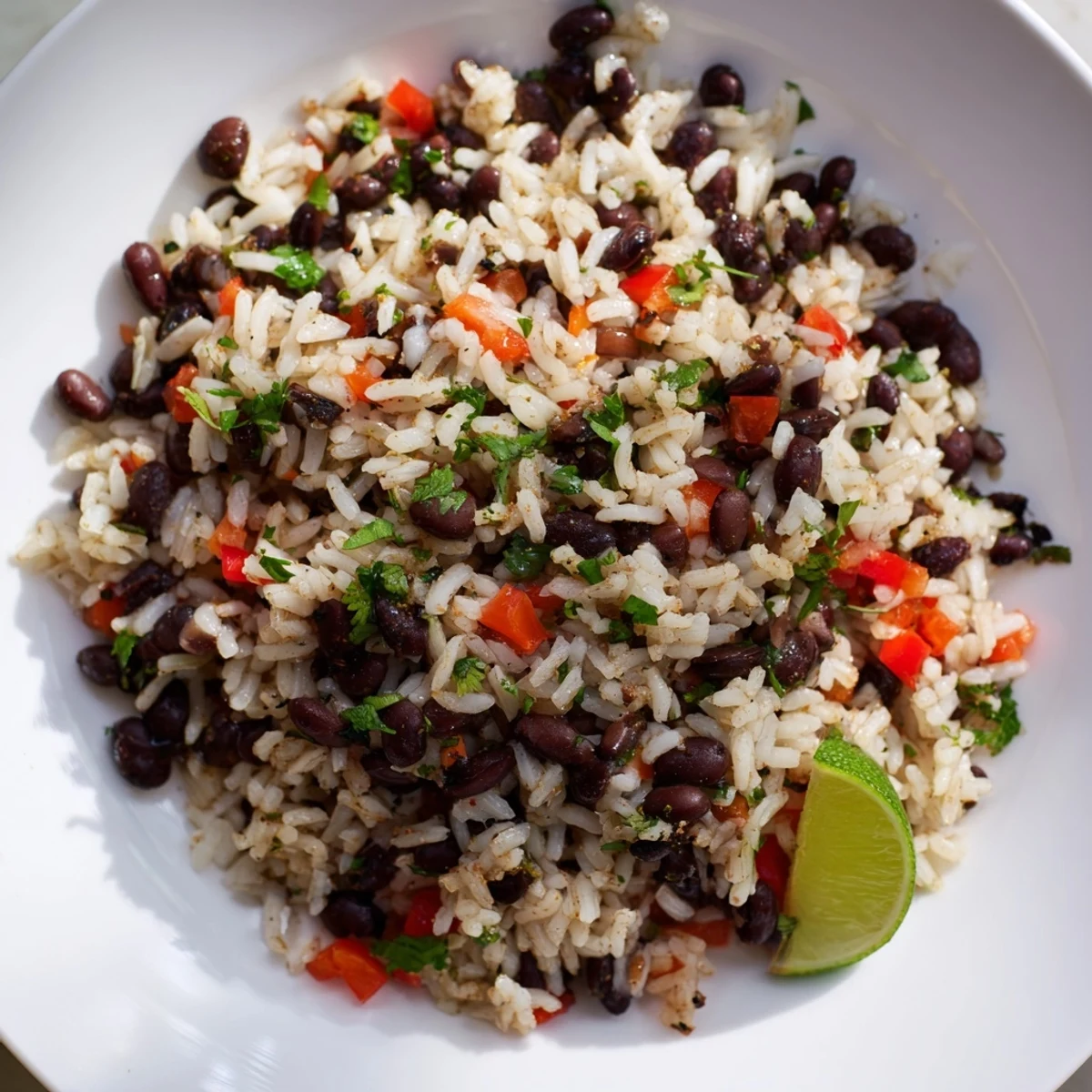 Comforting skillet of rice and beans featuring fluffy grains and creamy black beans, topped with fresh cilantro for a vibrant family-style dinner presentation.