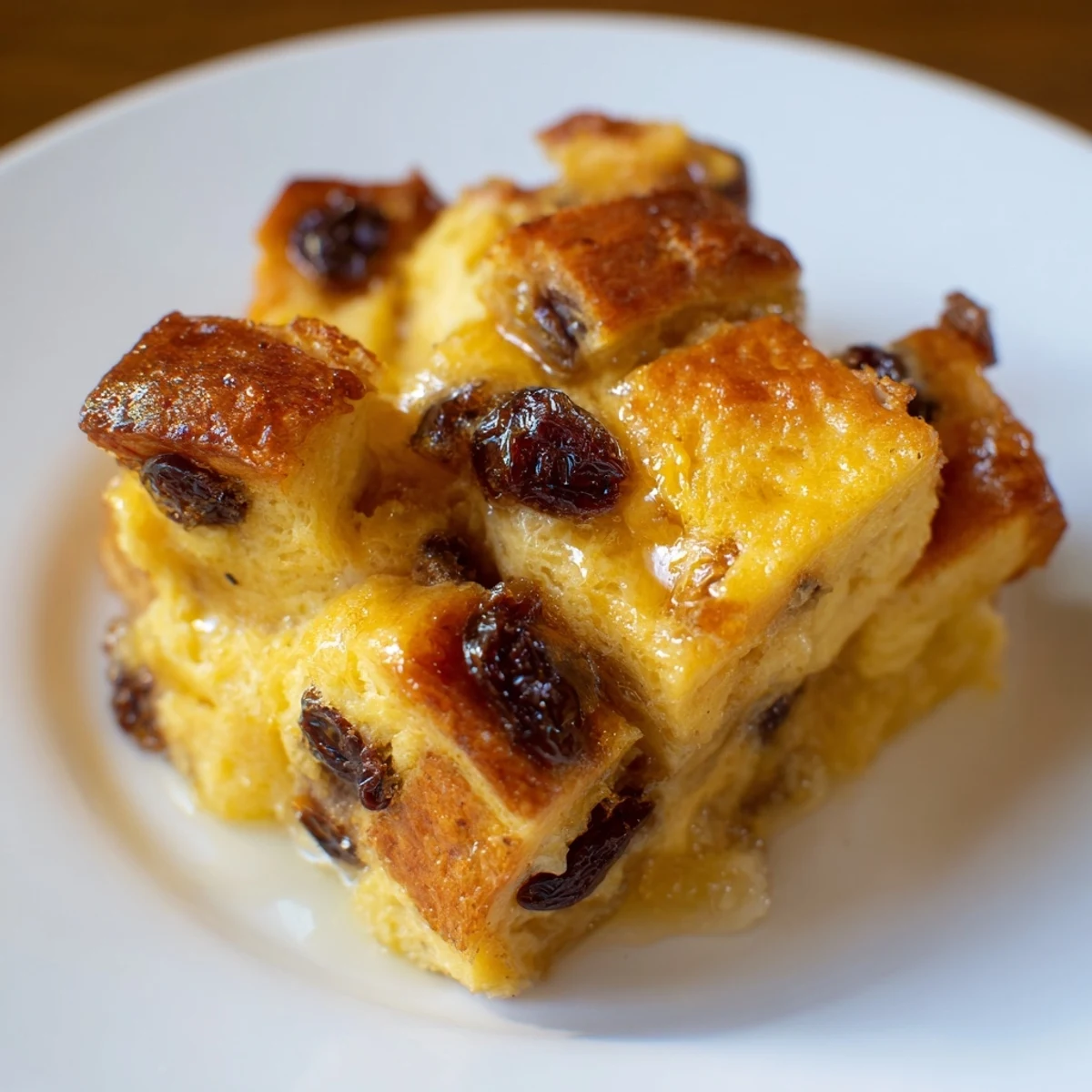 Golden-brown Bread Pudding with Raisins baked in a white dish, topped with a light dusting of powdered sugar.  