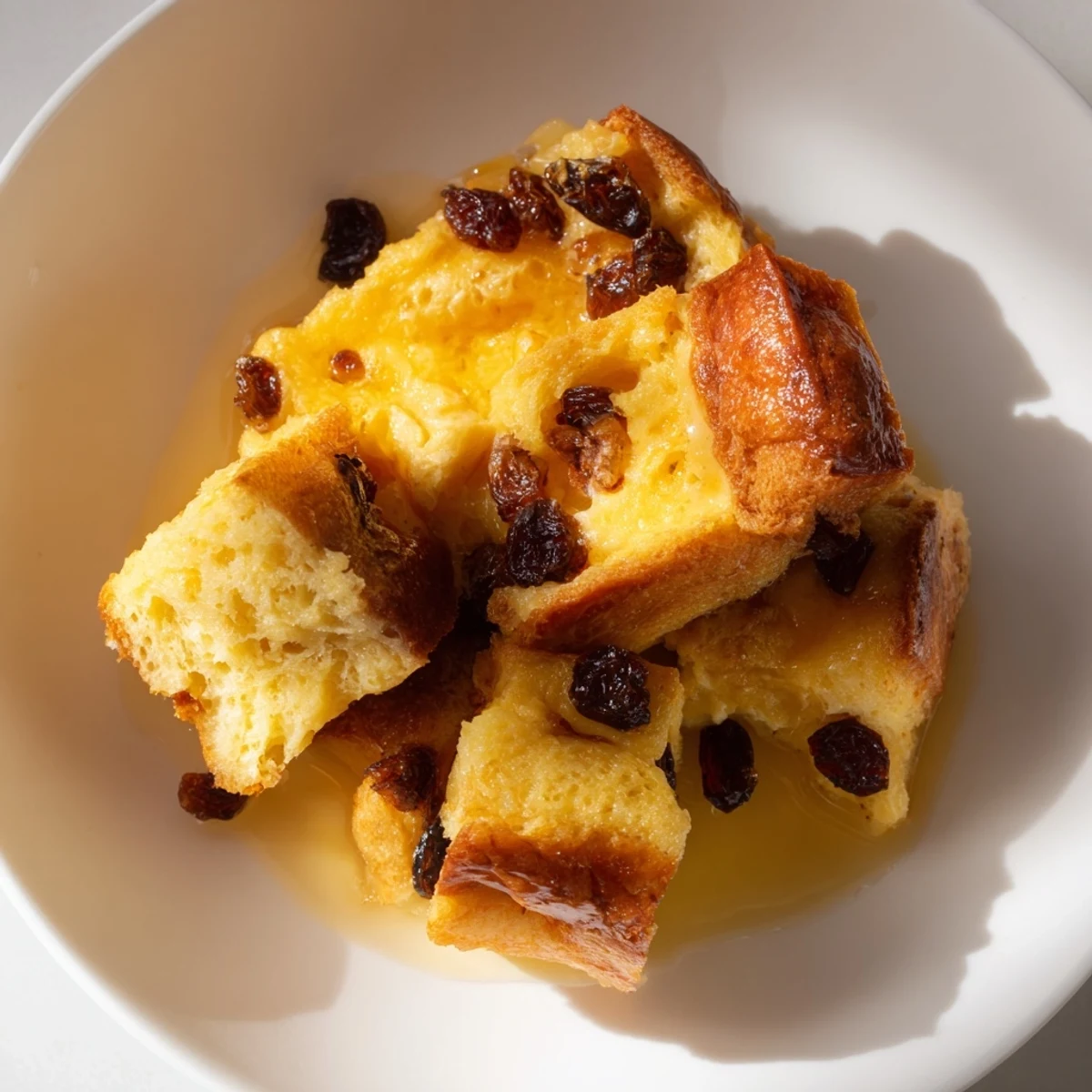 Warm Bread Pudding with Raisins served in a rustic bowl, featuring a rich custard and plump, sweet raisins.  