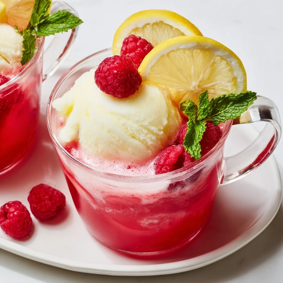 A frothy, creamy Pink Punch with Raspberry Sherbet floats in a glass, garnished with fresh raspberries and mint leaves, perfect for a summer gathering.  