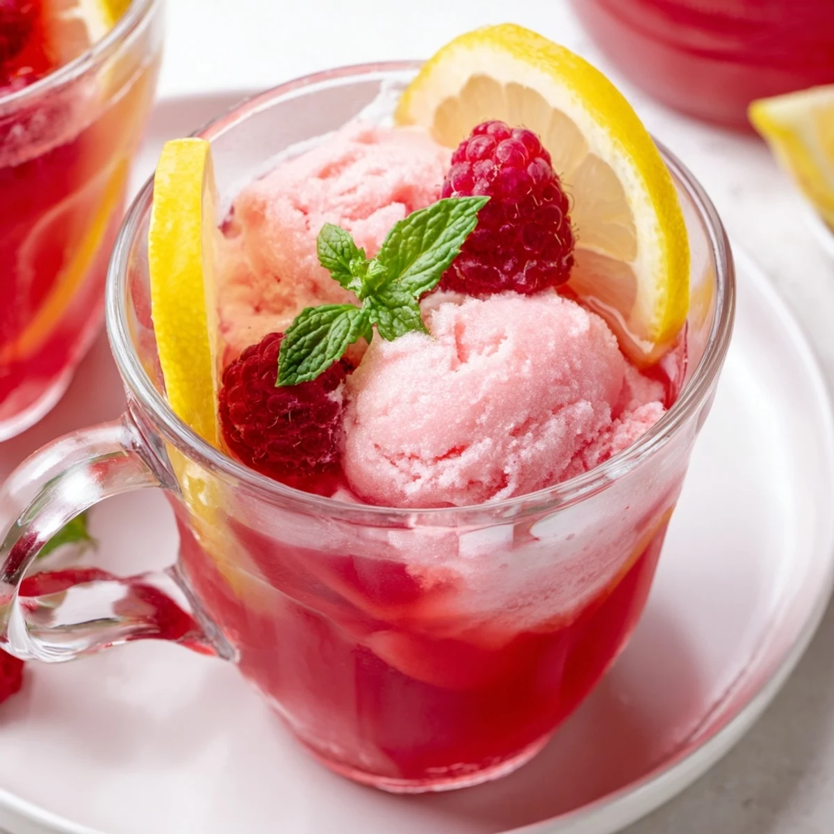 Bright pink party punch made with raspberry sherbet and citrus juices, served in a clear punch bowl with lemon slices floating on top.  