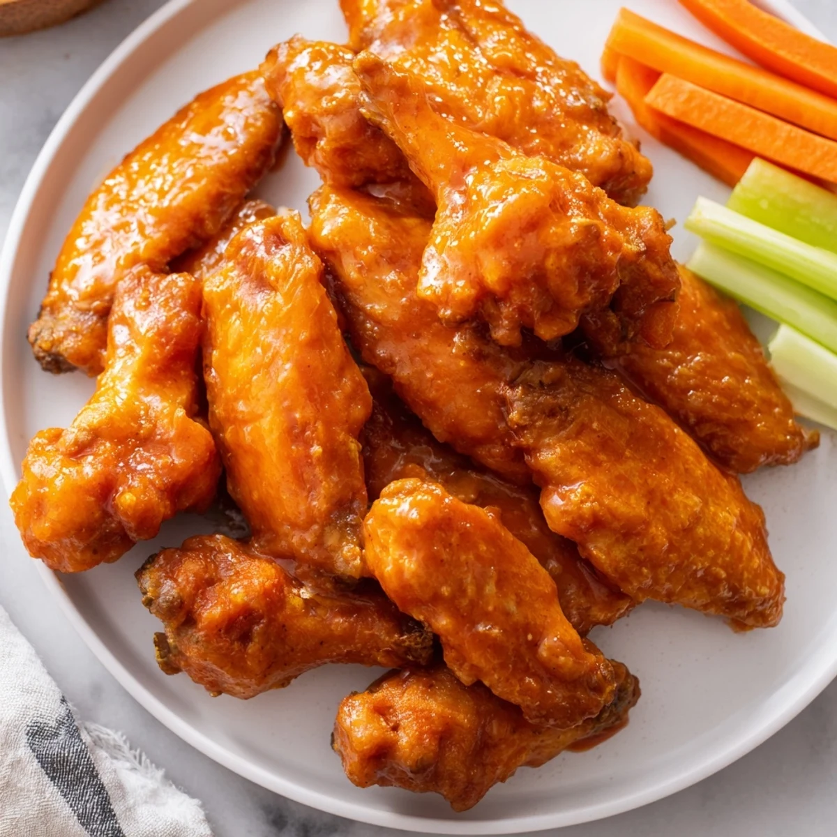 Crispy baked chicken wings with Buffalo sauce glisten, served with crunchy celery and blue cheese dressing.  