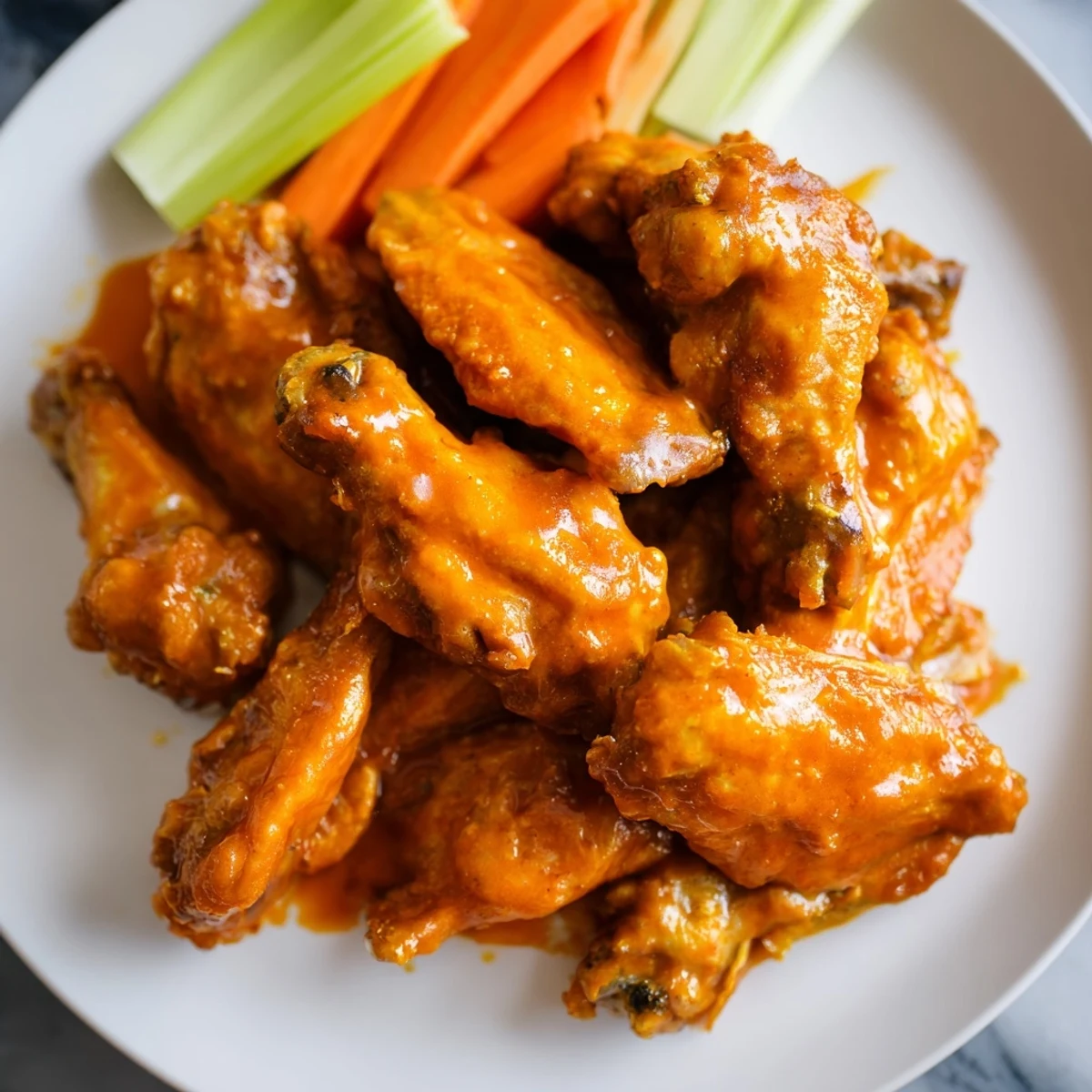 Golden chicken wings tossed in spicy Buffalo sauce are arranged on a platter with carrot sticks.  