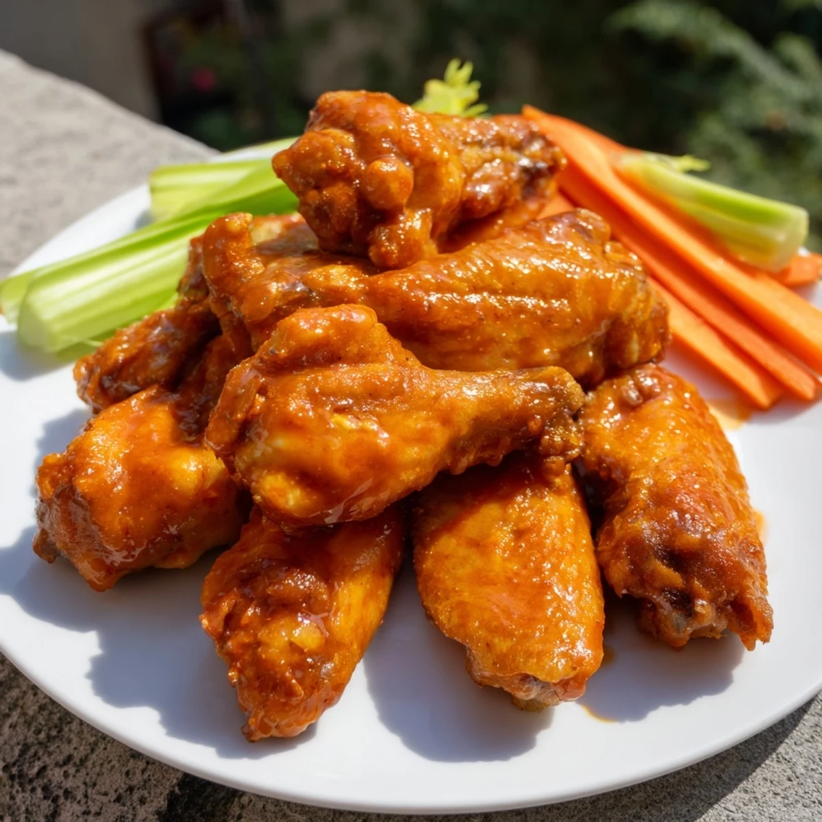 Freshly baked Buffalo chicken wings coated in tangy sauce, served hot with ranch dip and veggies.
