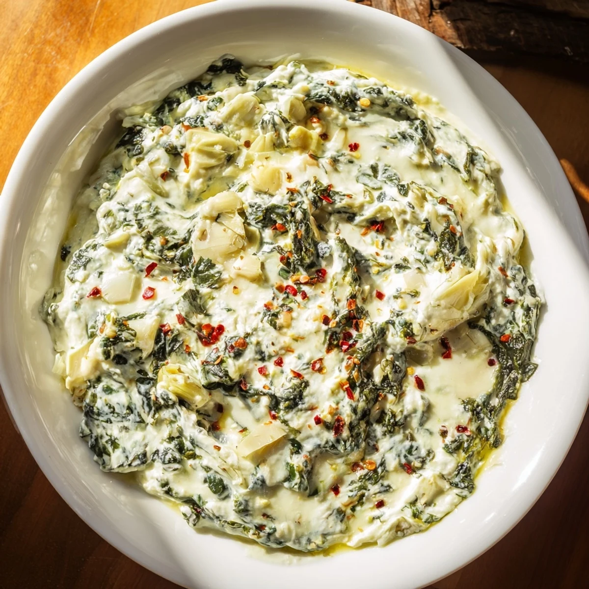 Appetizer-sized Spinach Dip with Artichokes and Cheese, garnished with herbs and served warm for a game day party.