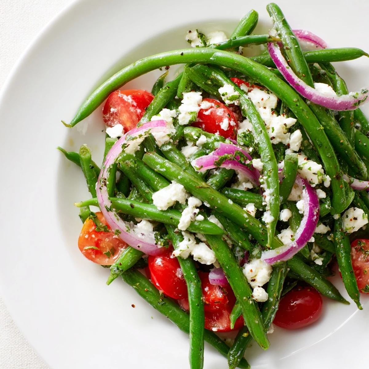 A vibrant Green Bean Salad with Feta features crisp green beans, cherry tomatoes, and red onion in a tangy lemon vinaigrette, topped with crumbled feta cheese for a refreshing Mediterranean side dish.