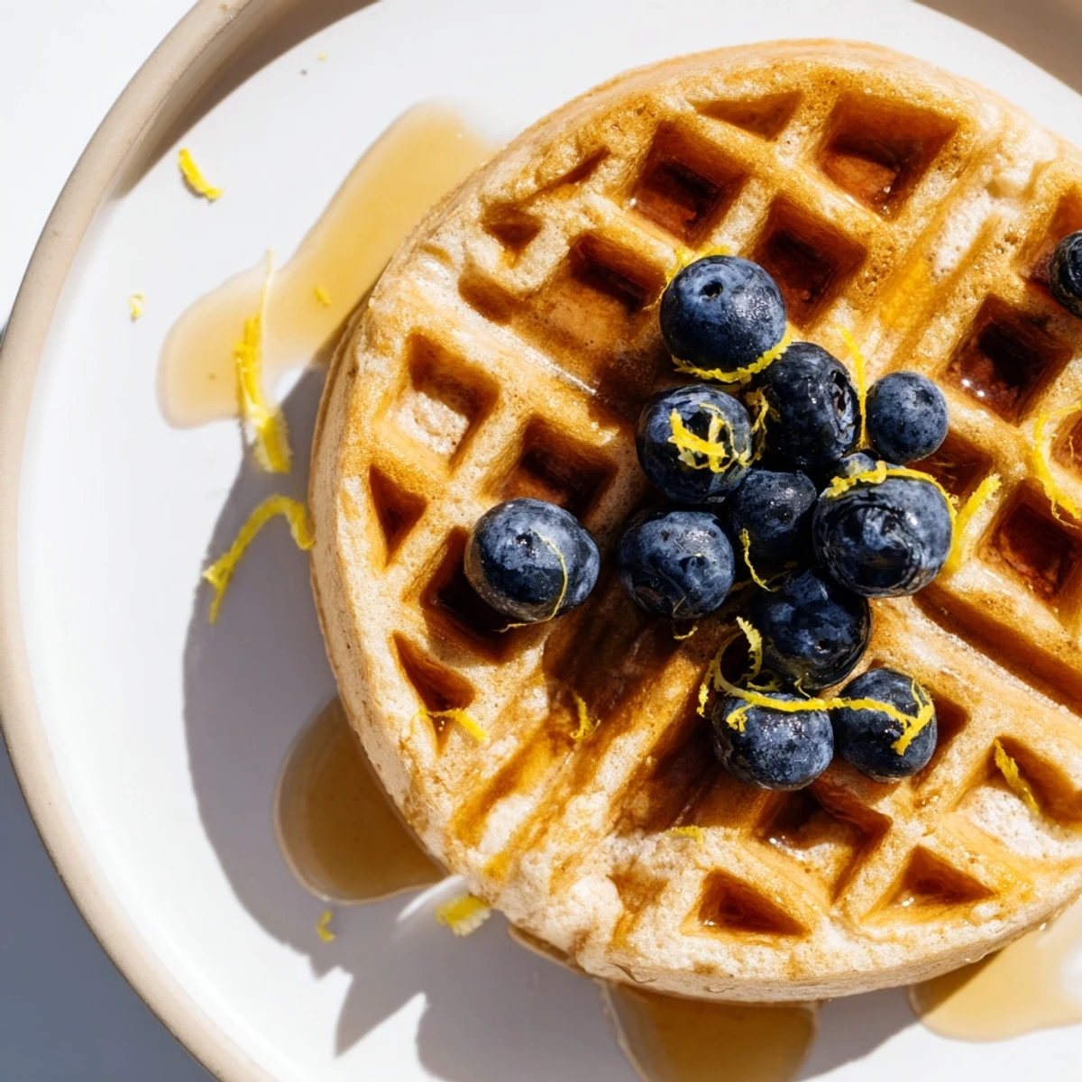 Golden-brown Lemon Ricotta Waffles fresh from the waffle iron, topped with fresh blueberries and a dusting of powdered sugar.