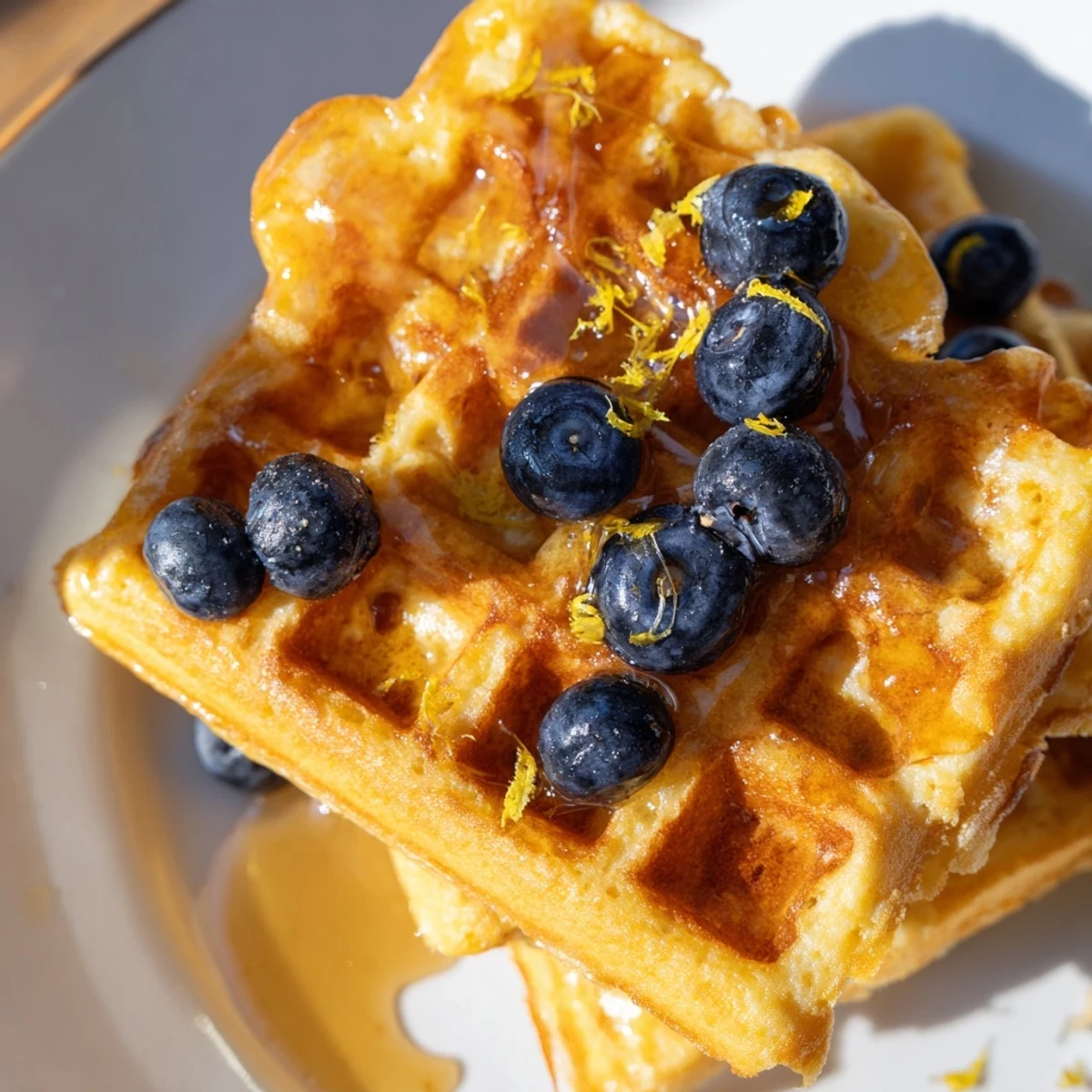 A close-up of fluffy Lemon Ricotta Waffles drizzled with warm maple syrup, showing the light, tender texture inside.