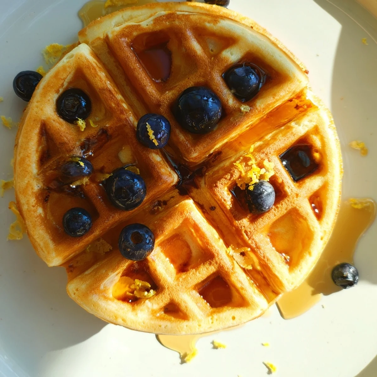Stack of warm Lemon Ricotta Waffles served with a lemon wedge and sweet syrup, perfect for a weekend brunch.