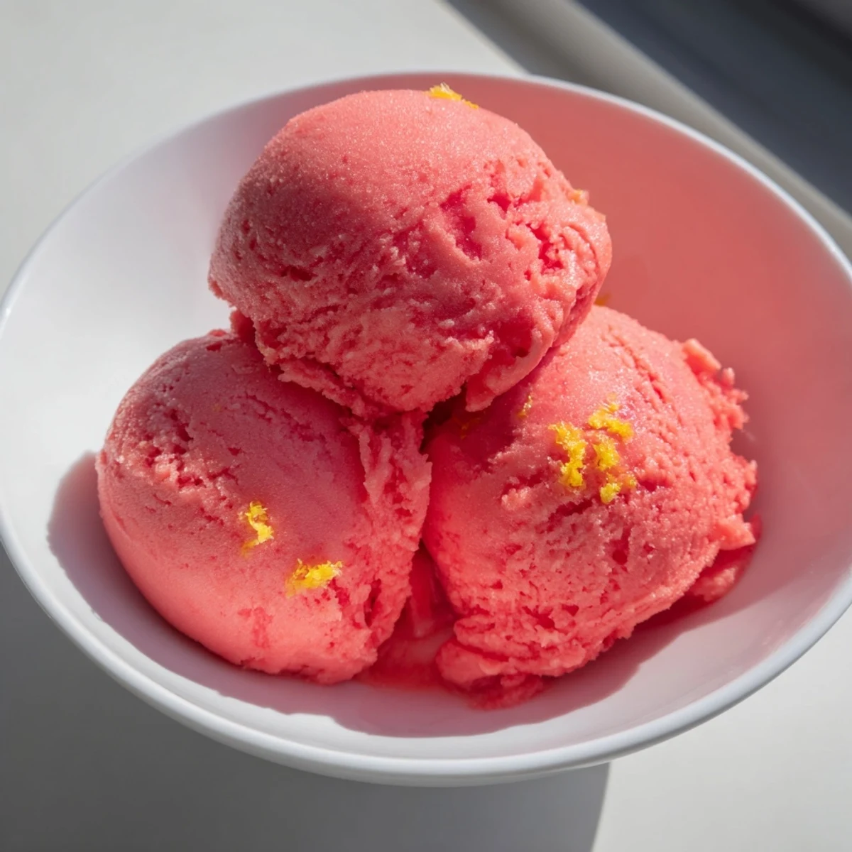 A frosty scoop of tangy Strawberry Lemonade Sorbet swirls with ruby-red strawberries and sunny lemon zest in a chilled glass bowl.