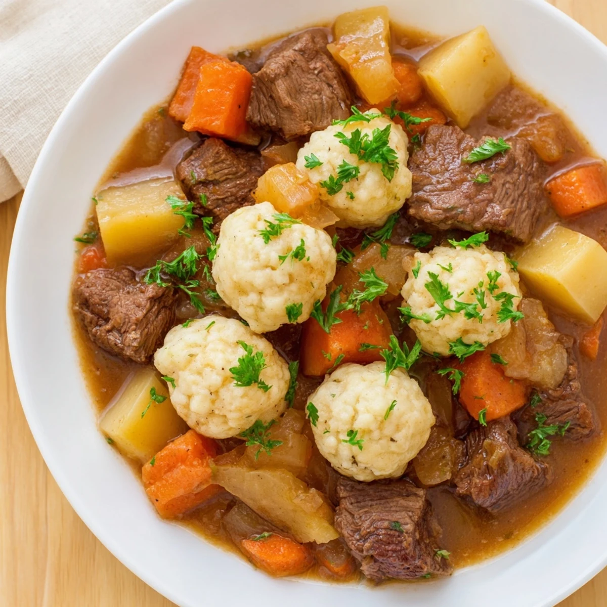Golden-brown Irish Beef Stew with Dumplings steaming in a rustic Dutch oven, featuring tender beef cubes and root vegetables.